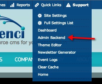 Navigating to the Admin Backend in Tendenci Screenshot