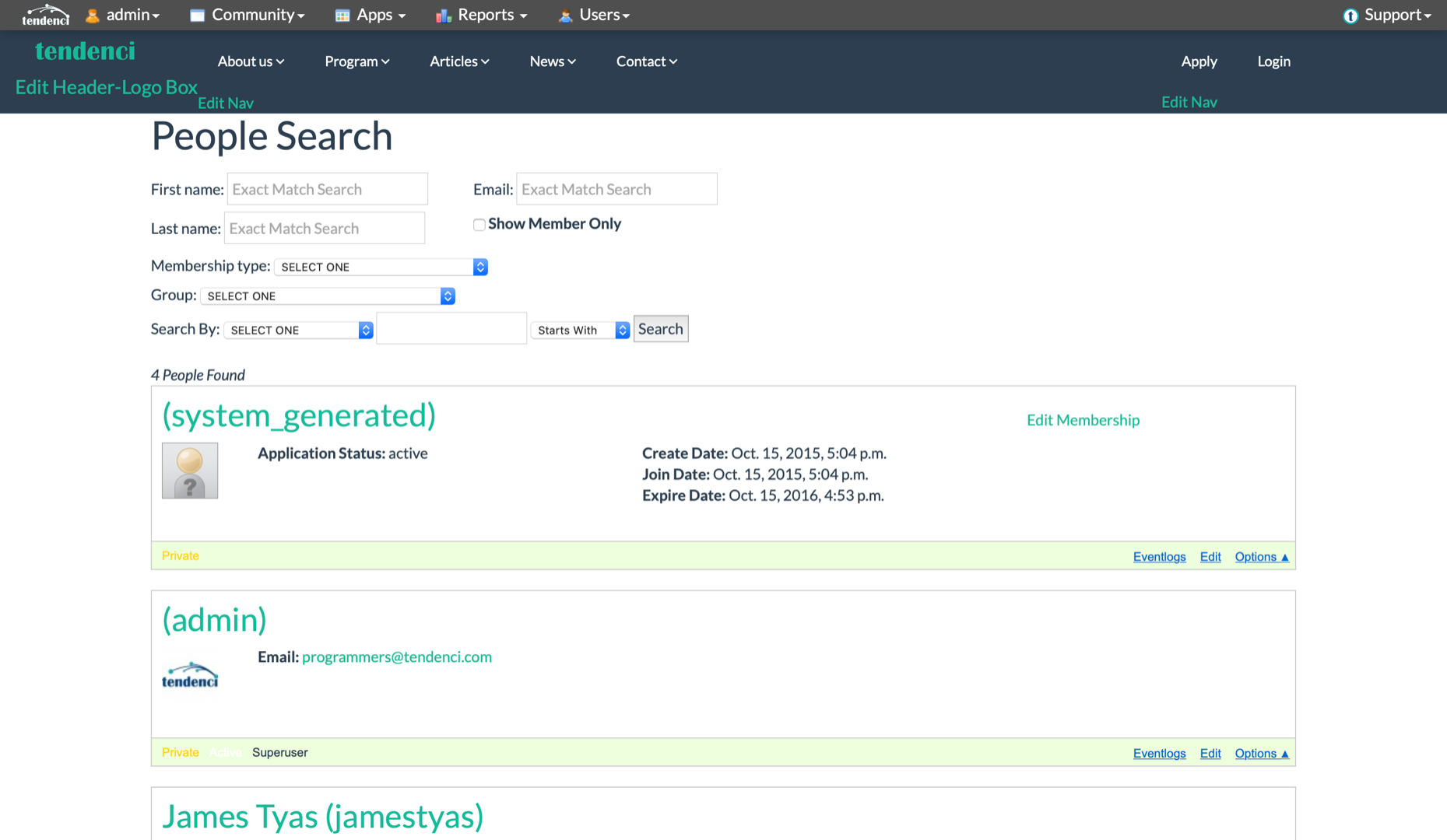 Screenshot of Users People Search Tendenci Demo