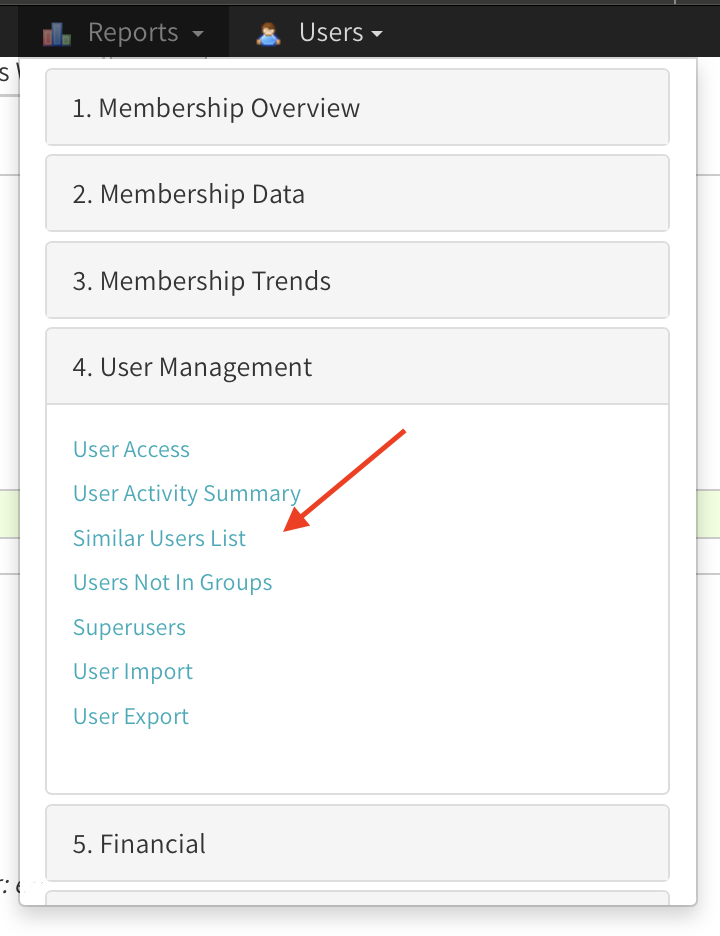 Screenshot of Admin Reports to merge users 