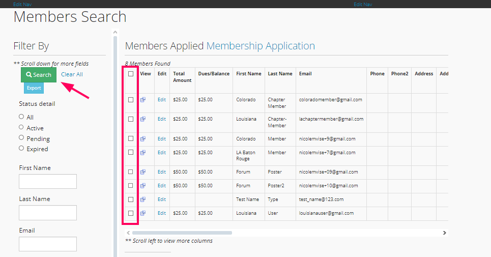 Select Members form membership application to send email