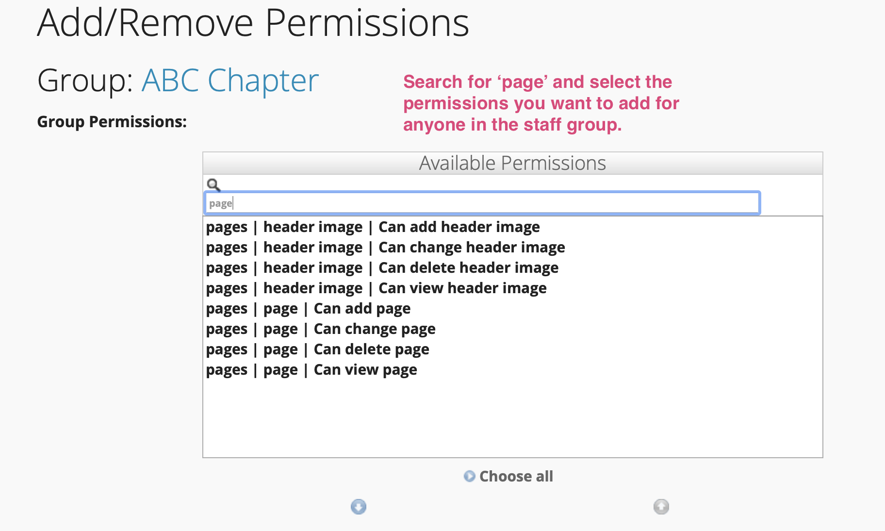 Add/Remove Permissions Tendenci Help File Screenshot