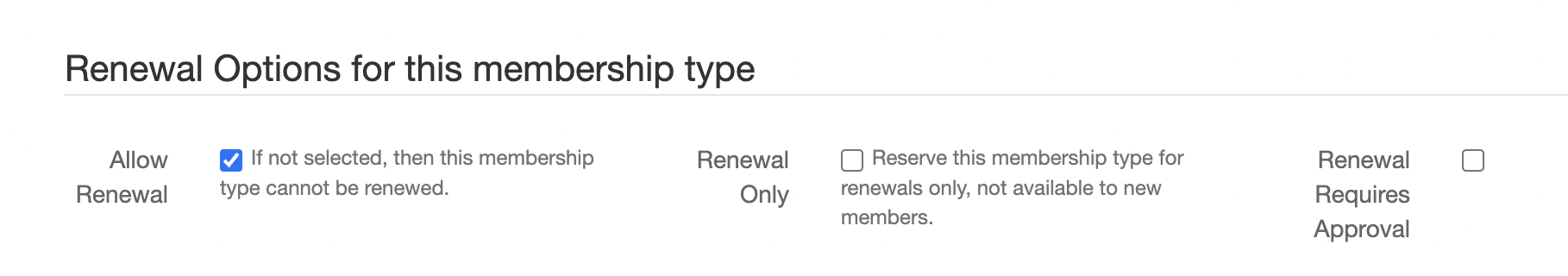 a snapshot of tendenci renewal option for membership type