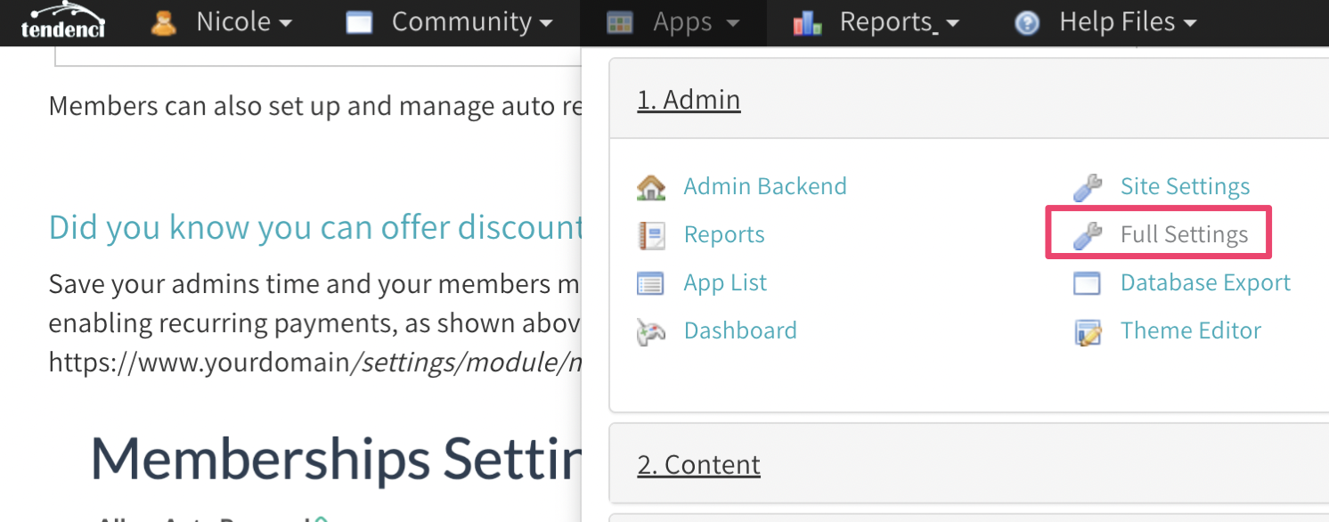 a snapshot of tendenci admin full settings