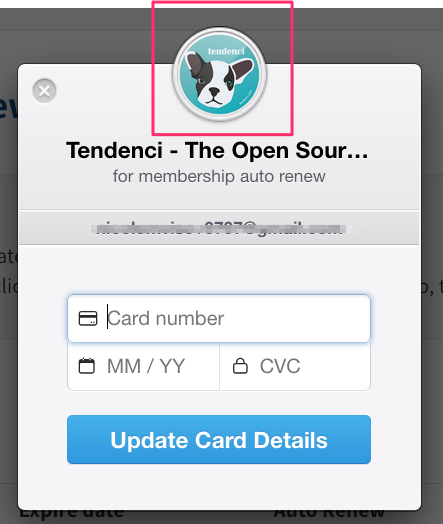 a screenshot of tendenci with stripe payment form and brand image