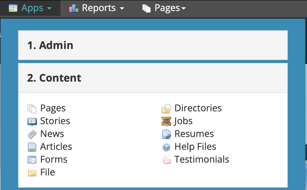 a screenshot of tendenci mega admin menu