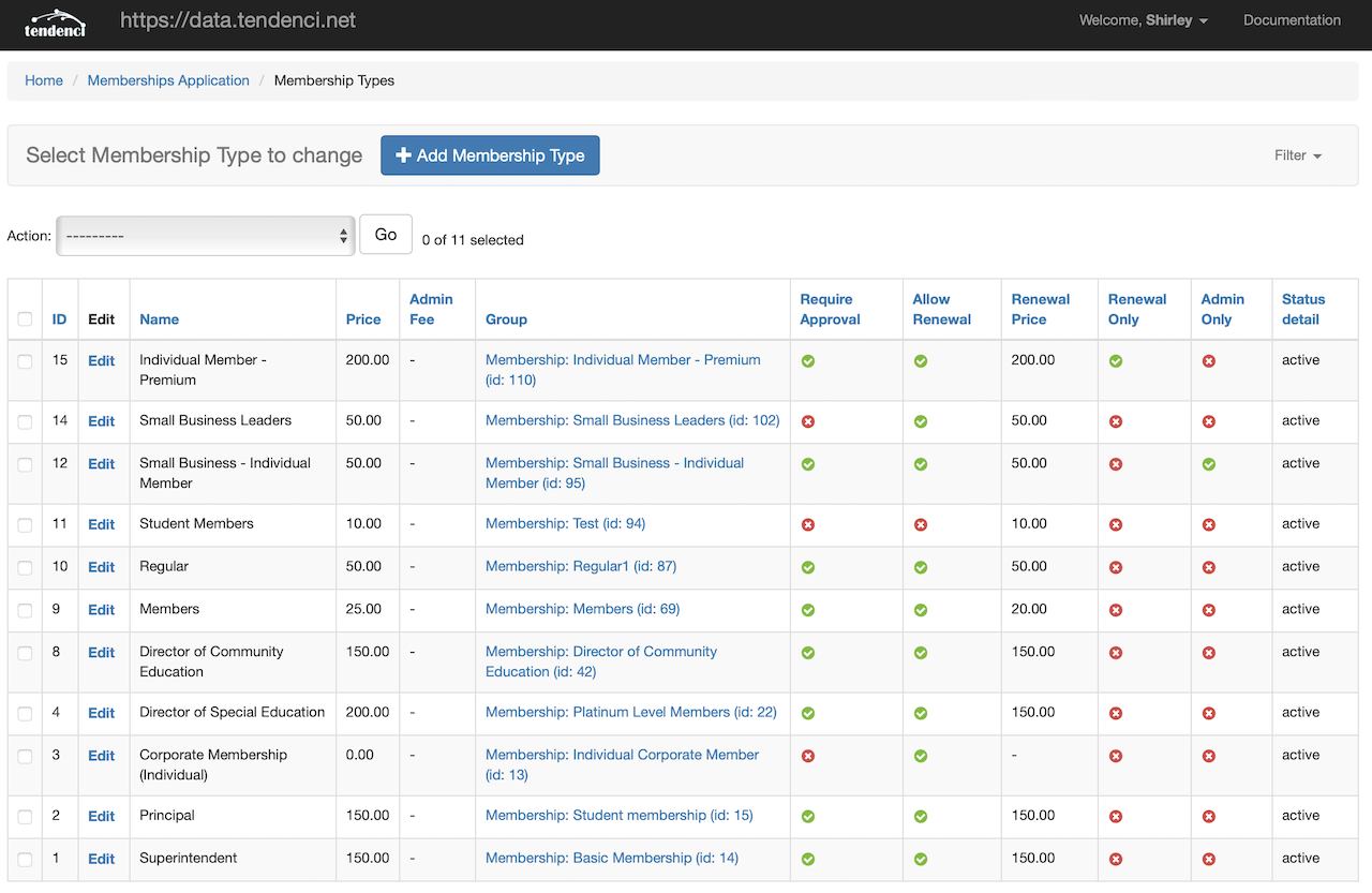 a screenshot of tendenci membership types admin backend