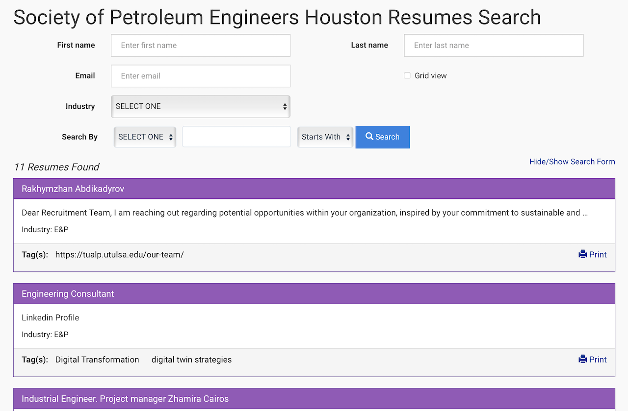 a screenshot of spegcs online resume module with tendenci