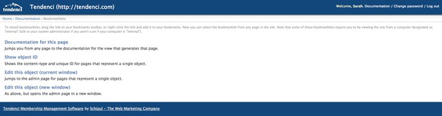 Screenshot of Tendenci Documentation Bookmarklet Admin Options