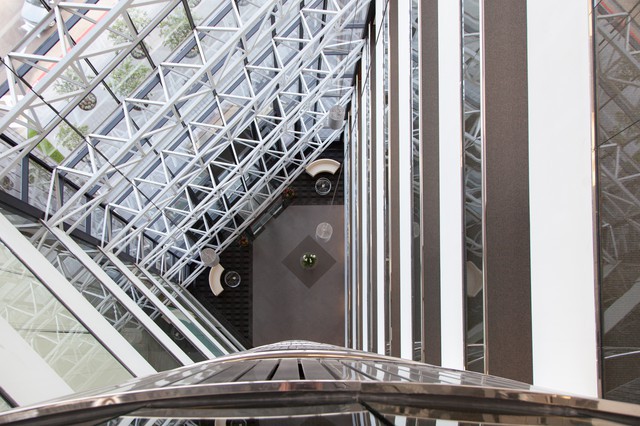 Looking down at the front lobby from the 9th floor balcony inside